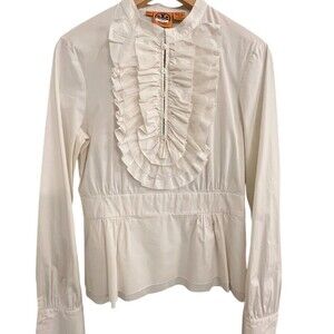 Tory Burch Blouse Womens 10 Ivory Ruffle Bib Button-Up Long Sleeve Peplum